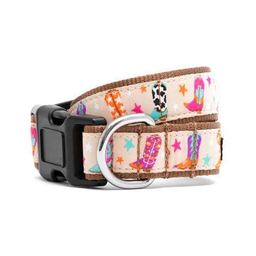 THE WORTHY DOG Everyday Wild Wild West Collar – Comfortable, Durable Nylon Webbing with Woven Ribbon, Strong Quick-Release Buckle & Nickel-Plated D-Ring – Biege, Medium