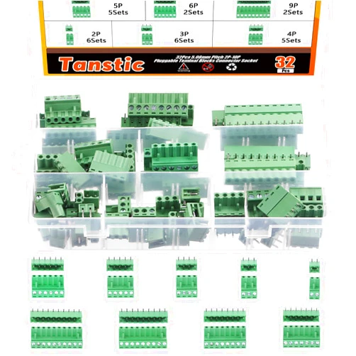 Tanstic 32 Sets Terminal Blocks, 5.08mm Pitch 2/3/4/5/6/7/8/9/10 Pin 10A 300V PCB Mount Screw Pluggable Male Female Terminal Block Connector