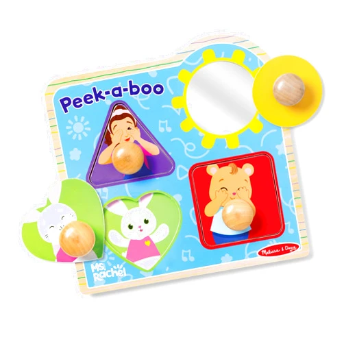 Melissa & Doug® Ms. Rachel™ Wooden Peek-a-Boo Jumbo Peg Puzzle, 4-Piece with Mirror, Toddler Toys for Boys and Girls Ages 1+ Years