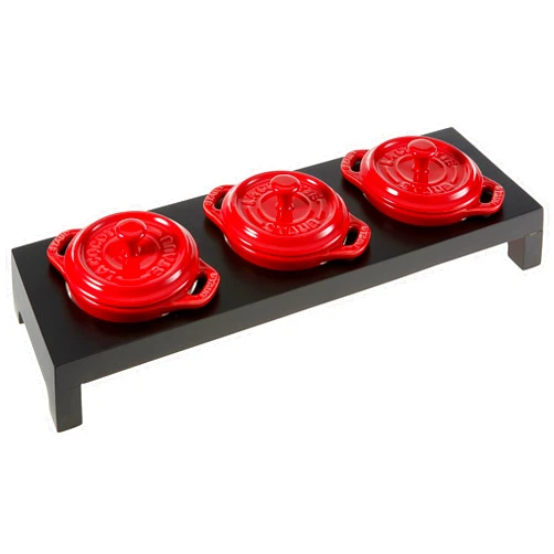 Staub Ceramic 3-pc Mini Round Cocotte Set with Stand - Cherry
