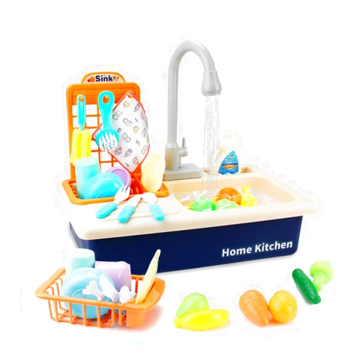BOBXIN Play Sink with Running Water, Kids Play Kitchen Toy Sink Electric Dishwasher, Pretend Role Play Kitchen Toys Set with Upgraded Working Faucet and Dishes Playset for Girls, Toddler and Boys
