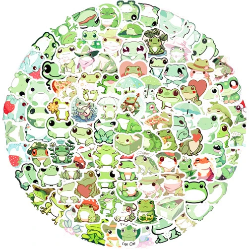 YOUTHSTORE 100pcs Cartoon Frog Stickers Kawaii Animal Aesthetic Vinyl Waterproof Sticker for Laptop,Guitar,Skateboard,Luggage,HydroFlasks, Funny Gift for Kids Frog Lovers Teen Birthday Party (frog)