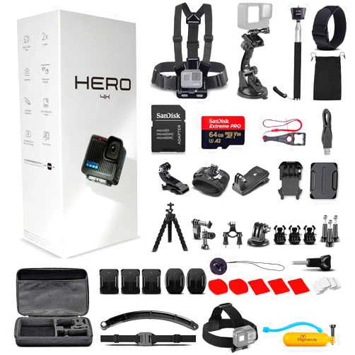 GoPro Hero (Go Pro Hero) Black Compact - Waterproof Action Camera with 4K Ultra HD Video, 12MP Photos, Stabilization + 50-in-1 Accessory Kit + 64GB Card + More