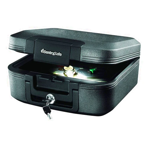 SentrySafe Fireproof and Waterproof Chest Box with Key Lock, Black Travel Safe with Interior Lighting and Carrying Handle, 0.28 Cubic Feet, 6.6 x 15.4 x 14.3 Inches, CHW20205