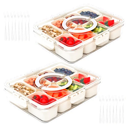 VVPJDGA 2 Pack Snackle Box Container- Divided Serving Tray with Lid and Handle- Clear Plastic Portable Snack Box with 8 Compartment for Fruit, Veggie, Candy, Nuts, Picnic, Travel, Entertaining, Party…