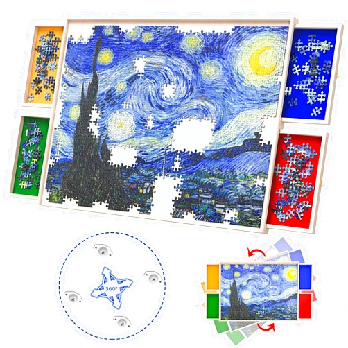 Woodever Rotatable 360-Degree Wheels Puzzle Board with Drawers and Cover 1000 Pieces Lightweight Portable Wooden Puzzle Table for Adults Kids 30'' x 22''