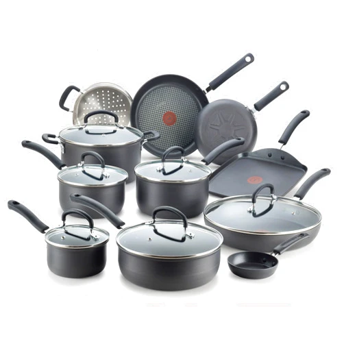 T-fal Ultimate Hard Anodized Nonstick Cookware Set 17 Piece, Oven Broiler Safe 400F, Lid Safe 350F, Kitchen Cooking Set w/ Fry Pans, Saucepans, Saute Pan, Griddle, Pots and Pans, Dishwasher Safe Black