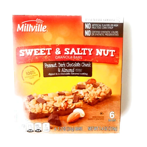 Aircliff Millville granola bars sweet & salty nut Peanut, almond & Dark chocolate chunk,100% whole grain 7.4oz(1.2oz x 6bars), pack of 1