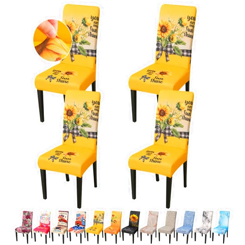 JQinHome Sunflower Chair Covers for Dining Room Set of 4, High Stretch Removable Washable Parsons Chair Slipcover for Home Party Hotel Wedding Ceremony (Yellow,4PCS)