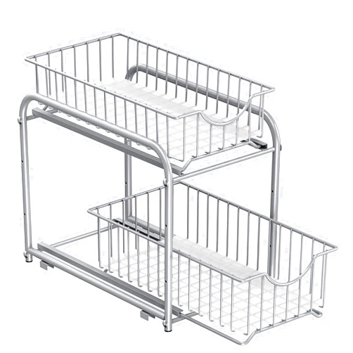 SONGMICS 2-Tier Pull Out Cabinet Organizers, Under Sink Organizer, Bathroom Organizer and Storage, Sliding Basket Drawers, Stackable for Kitchen, Bathroom, Metallic Silver UKCS017E01