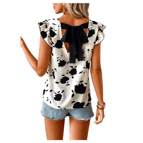 SweatyRocks Women's Boho Floral Print Ruffle Cap Sleeve Blouse Tie Knot Crew Neck Vacation Shirt Tops
