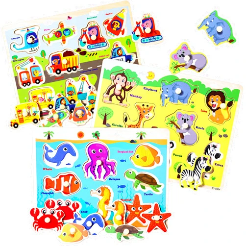 Blppldyci Wooden Peg Puzzles for Toddlers 2 3 4 Years Old, Kids Educational Preeschool Peg Puzzles Toy, 3 Pcs Toddler Puzzles Set - Traffic, Animals and Ocean, Great Gift for Girls and Boys (First Edition)