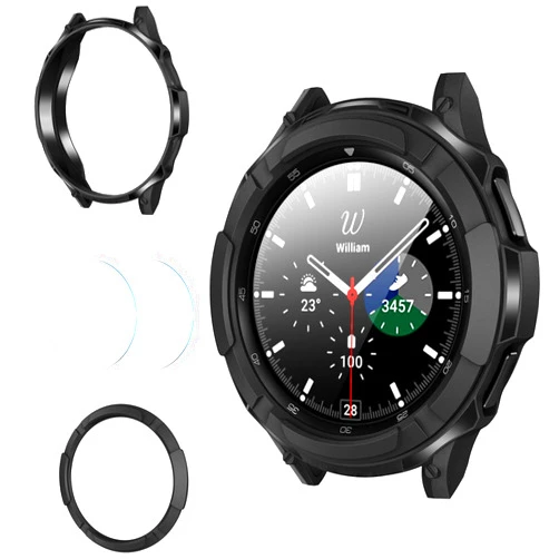 Goton 3 in 1 Accessories for Samsung Galaxy Watch 4 Classic 42mm, 1 Rugged TPU Armor Bumper Case Cover +2 Tempered Glass Screen Protector Films + 1 Bezel Ring for Galaxy Watch4 Classic 42mm Black
