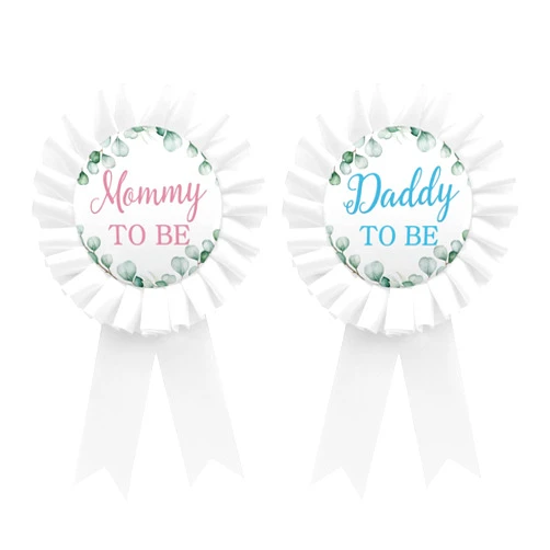 WOWOPA 2Pcs Mom and Dad to Be Pin,Gender Reveal Baby Shower Tinplate Badge Pin,Oh Baby Green Theme Party Decorations Gifts,Pink and Blue
