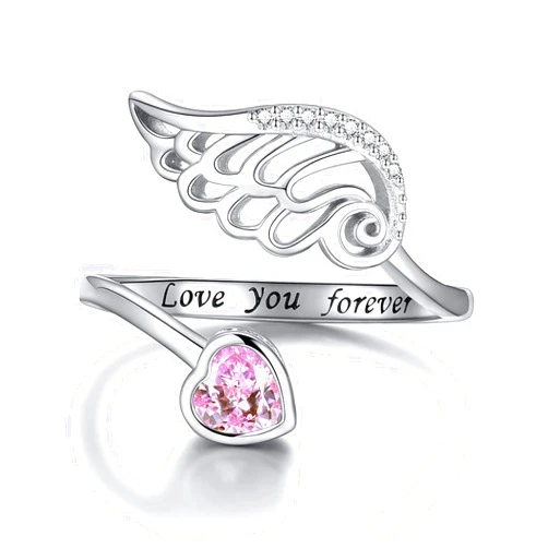 HongZhuan Jewelry Birthstone Wing Rings Sterling Silver Adjustable Feather Heart Month Stone Wrap Ring Jewelry Gift for Women Engrave Love you forever