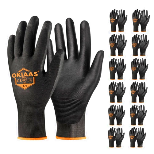 OKIAAS Work Gloves for Men，Ultra Thin and Lightweight Working Gloves with Grip, 12 Pairs Bulk Pack Construction Gloves with Polyurethane Coating, Safety Gloves for Light Duty Work (Black, Large)