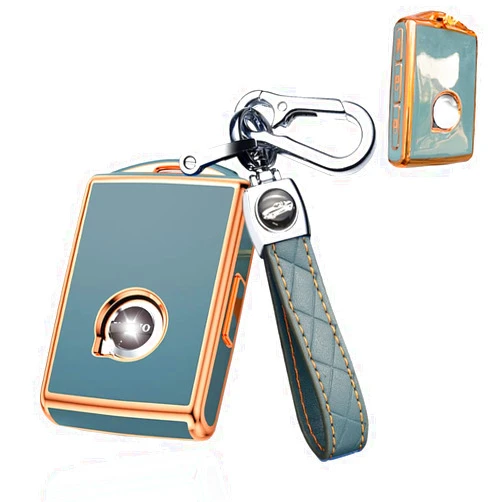 SANRILY 1 Pcs for Volvo Key Fob Cover XC90 XC60 S60 XC40 Keyless Full Covered Key Protector Shell with Keychain TPU Fashion Golden Edge Key Case Grey-Blue