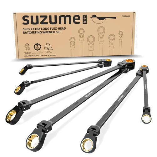 SUZUME Extra long flex head ratcheting wrench set 6PCS Metric (8-19 mm) double box end ratcheting wrench set with180 °Flex Head Black Electrophoretic Coating ratchet wrenches set for Auto Machine Repair