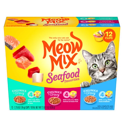 Meow Mix Seafood Favorites Chunks in Gravy Wet Cat Food Variety Pack, 2.75 Ounce (Pack of 12)