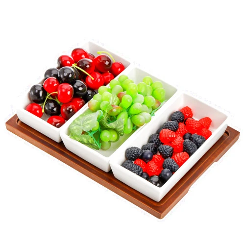 Elsjoy Set of 3 Ceramic Serving Bowls with Wooden Tray, Snack Serving Tray Divided Serving Platter for Appetizer, Fruits, Bread