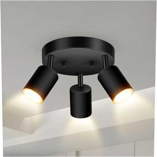 Bricosmocon 3 Light Track Lighting Fixtures Ceiling, Matte Black Round Directional Ceiling Spotlight, GU10 Flush Mount Track Fixture, Adjustable Modern LED Track Lights for Kitchen/Living Room, Bulb Not Included