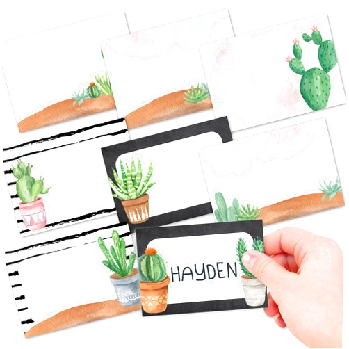 Hadley Designs 56 Name Tag Stickers – Writable, Self-Adhesive Name Tags for Classroom, Events & Parties, Cute Classroom Labels, Residue-Free, Perforated Sheets, Cactus Nametags Stickers, Made in USA
