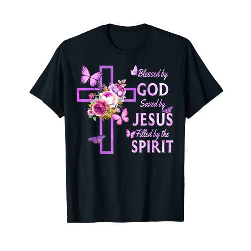 Jesus Shirts Apparel And Accessories Blessed by God Saved by Jesus Purple Floral Cross Christian T-Shirt