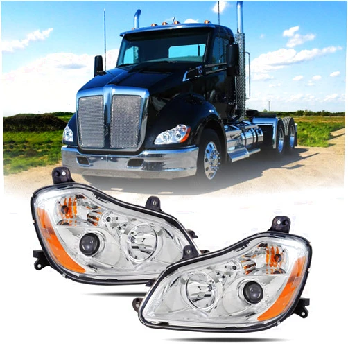 Sterlix PAIR Kenworth T680 Headlights Headlamps 2013-2021 Replacement Left Driver and Right Passenger [Included All Bulbs] DOT SAE Projector Low Beam Reflecting High Beam Headlights Assembly-Chrome