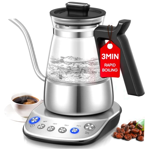 Aiheal Electric Gooseneck Kettle, Glass Electric Tea Kettle with 4 Temperature Control Presets and Keep Warm Function, Pour Over Kettle for Coffee and Tea, Hot Water Boiler, Quick Heating, 1200W/0.8L