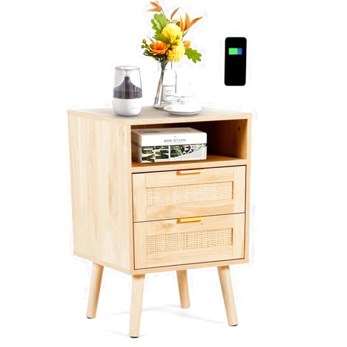 AILEEKISS Rattan Nightstand with Wireless Charging Station Modern Bedside Tables with Solid Wood Feet Rattan Night Stands with Drawers and Open Storage Shelf for Bedroom (Natural)