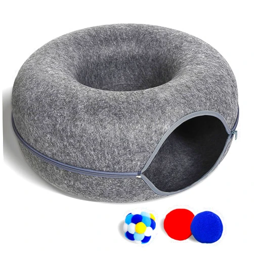 PLIISLUP Cat Tunnel Bed for Indoor Cats with 3 Toys, Scratch Resistant Donut Cat Bed, Up to 9 Lbs (M 20x20x9, Dark Grey)