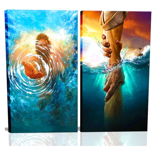 Donahue Art 2 Pcs Framed Jesus wall art The Hand of God Jesus Reaching Into Water Christ Religion Canvas Wall Decor Blue Ocean Bible Pictures Posters Prints Paintings for Living Room Bedroom Church Decorations