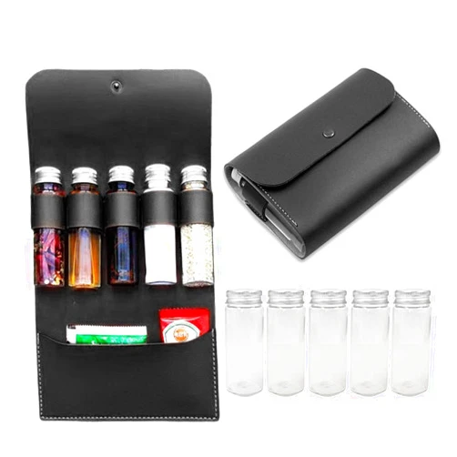 BY-J Portable Spice Bag for Travel, Camping Spice Kit with 5 Jars, Foldable Leather Spice Holder Seasoning Storage Bag, Condiment Container Set for Outdoor Picnic BBQ, Black