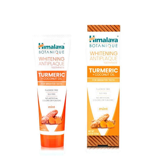 Himalaya Botanique Turmeric & Coconut Oil Whitening Antiplaque Herbal Toothpaste, Whitens Teeth, Fluoride Free, No Artificial Flavors, SLS Free, Vegan, Cruelty Free, Foaming, Mint Flavor, 4 Oz, 1 Pack