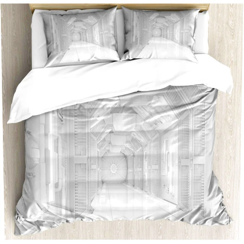 Ambesonne Outer Space Duvet Cover Set, Extraterrestrial Construction to Visit Astronomical Bodies Cosmonaut Flight Theme, Decorative 3 Piece Bedding Set with 2 Pillow Shams, California King, White