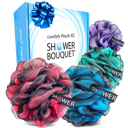 SHOWER BOUQUET Loofah-Charcoal Bath-Sponge XL-Color-4-Pack // Extra Large 75g Soft Mesh Black Luffa Loofa Loufa Puff Set/Exfoliating Body Scrubber for Women and Men - Exfoliate & Soothe Face & Body