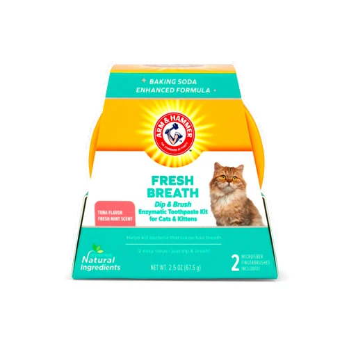Arm & Hammer Dip & Brush Fresh Breath Enzymatic Toothpaste Kit for Cats and Kittens with 2 Microfiber Finger Bushes, 2.5 Ounces, Tuna Flavor | Cat Dental Care Kit