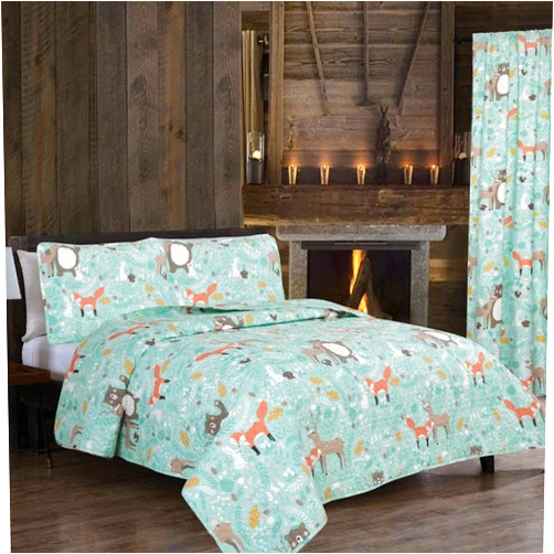 Beatrice Home Fashions Into The Woods 2-Piece Twin Quilt Set Bedding with Shams Features Woodland Creatures Deer, Fox, Bear, Leaves, Brown Orange Teal