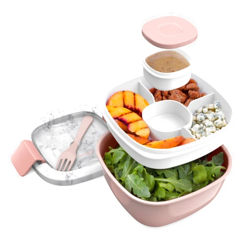 Bentgo Salad Container - 54 oz Bowl with 4-Compartment Toppings Tray, Dressing Container, Reusable Fork, BPA-Free Lunch Box for Meal Prep & Food Storage; Removable Bento Tray (Blush Marble)