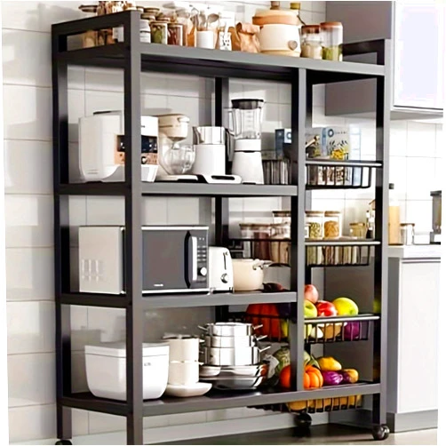 TFNYCT Storage Shelves, Adjustable 4-Tier Kitchen Shelves with 3 Wire Baskets, Kitchen Organizers and Storage, Metal Shelf Rack with Wheels for Garage, Bathroom, House Warming Gifts New Home (35in)