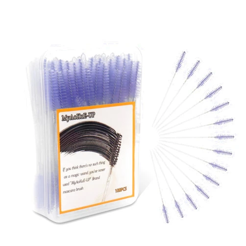 Myaokue-up 100 Pcs Disposable Eyelash Brush, Mascara Wands Makeup Brushes Crystal Eyebrow Spoolies rush for Eyelash Extensions with Container (Crystal White Purple)