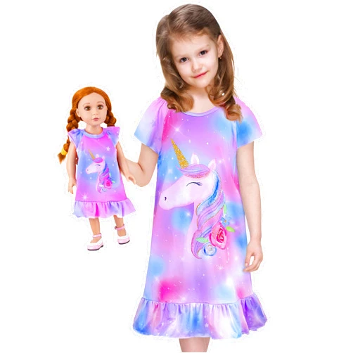 ICOSY Matching Girls & Doll Nightgowns Clothes Unicorn Pajamas Sleepwear Outfit for Girls and American 18