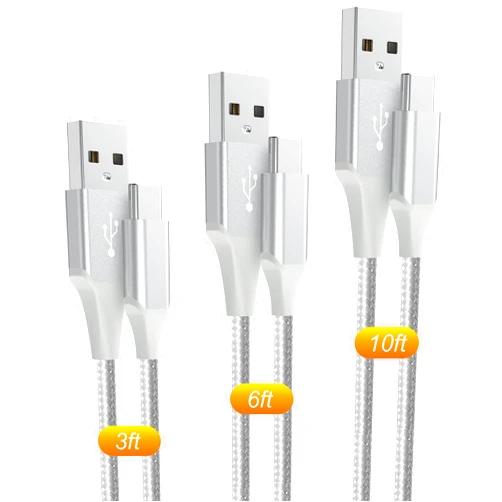 Hrbzo USB-C Cable 3A Fast Charging, 3-Pack (10ft+6ft+3ft) USB A to Type C Charge Nylon Braided Cord Compatible with Galaxy S20 S10 S9 S8 Plus Note 10 9 8,PS5,USB C Charger (White, 3ft+6ft+10ft)