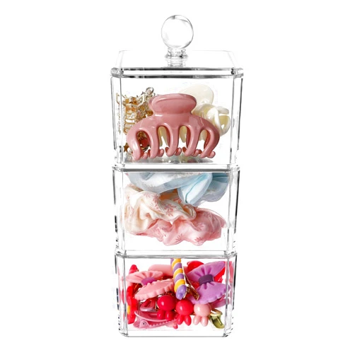 BLVRYVIO Hair Accessories Organizer for Girls, Clear 3 Stackable Acrylic Hair Tie Organizer for Headband, Bows, Cotton Swab Organization, Bathroom Containers Hair Clip Holder Storage with Lids