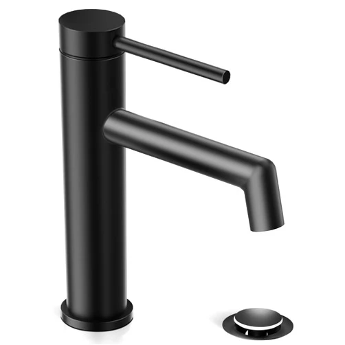 Phiestina Matte Black Bathroom Sink Faucet, Single Hole Single Handle Modern RV Bathroom Faucet, with Water Supply Line and Metal Pop Up Drain, SGF06-MB