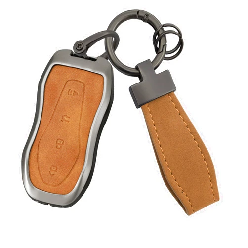 HIBEYO Key Fob Cover Compatible with Geely Atlas Pro Gili Boyue Tugella Azkarra FY11 Emgrand GS X6 EC7 SUV Accessories Leather& Zinc Alloy Key Case Protector-D Type Brown