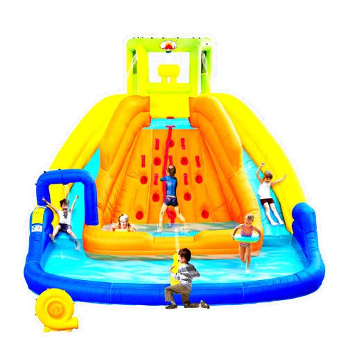 WELLFUNTIME Inflatable Water Slide, Bounce House with Water Bucket, Deep Pool, Climbing Wall with Rope, Water Slide with Air Blower