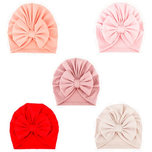 DRESHOW BQUBO 5 Pieces Newborn Baby Turban Hats Bow Baby Infant Beanie Breathable Toddler Cap for Baby Girls 3-12 Months