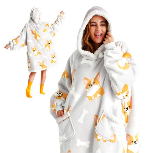Bedsure Wearable Blanket Hoodie, Corgi Blanket Hoodies for Women Sherpa Hoodie as Gifts for Her Mom Girlfriend, Hooded Blanket - Grey Corgi