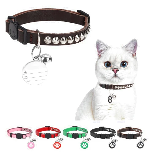 DILLYBUD Leather Personalized Breakaway Cat Collar with Studded Bell and Safety Quick Release Buckle - Rivets Studded ID DIY Collars for Boy Girl Cats Kittens, 9